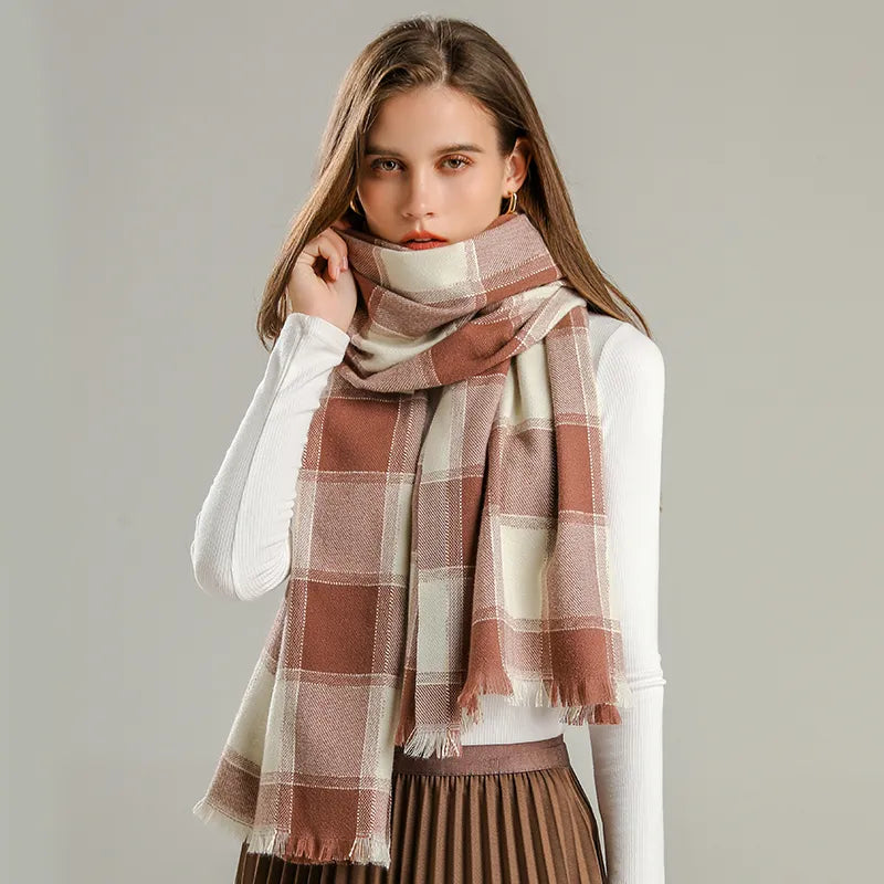 Kaschmir-Winterschal mit klassischem Karomuster 200x65 cm – Luxus-Wollschal für Damen und Herren - Braun - Schals