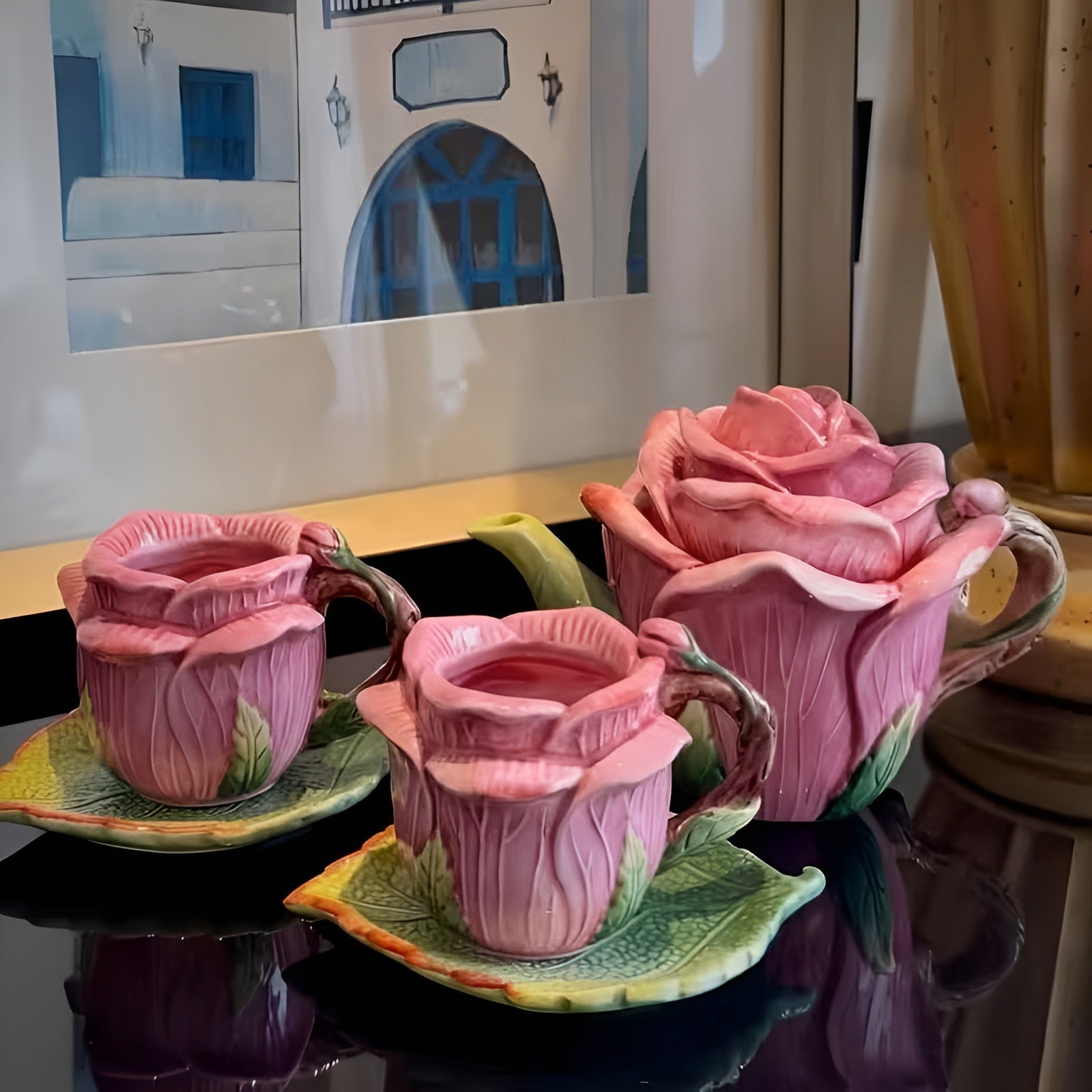 Keramik Teeservice mit Rosenmotiv – Handbemalt und Elegant | Tasse mit Untertasse im floralen Design - Rosen Teeset