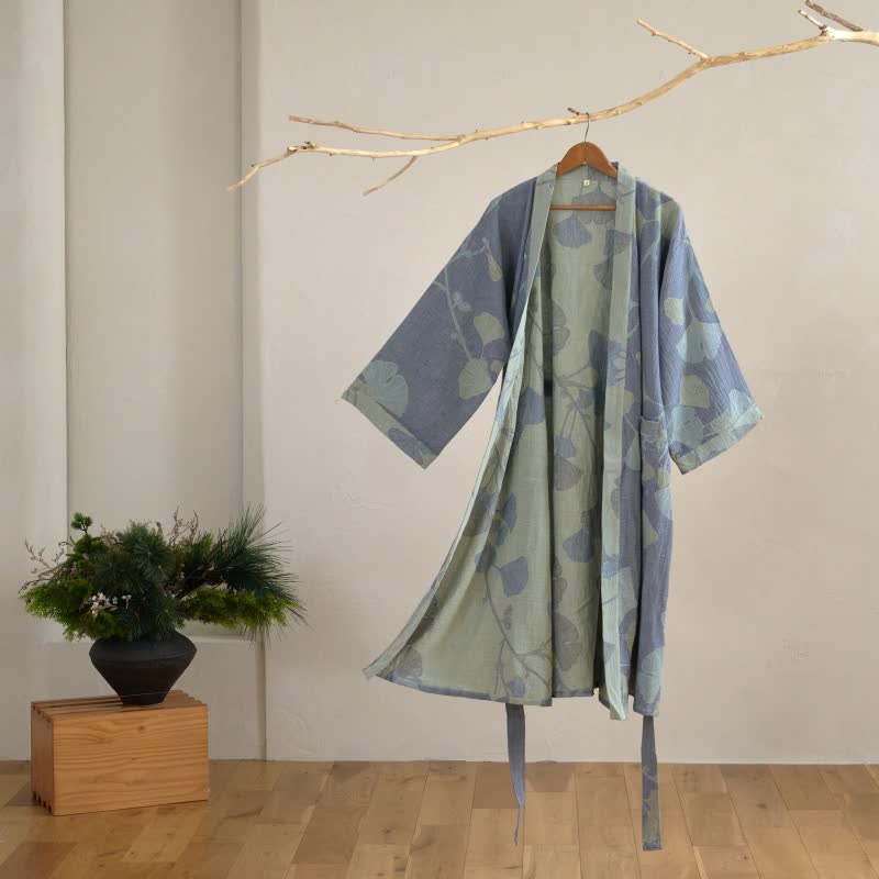 Kimono-Bademantel Damen mit Ginkgo-Muster – Wendbares Design - Blau & Hellgrün / S - Bademantel