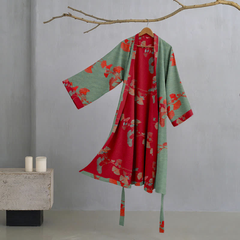 Kimono-Bademantel Damen mit Ginkgo-Muster – Wendbares Design - Grün & Rot / S - Bademantel