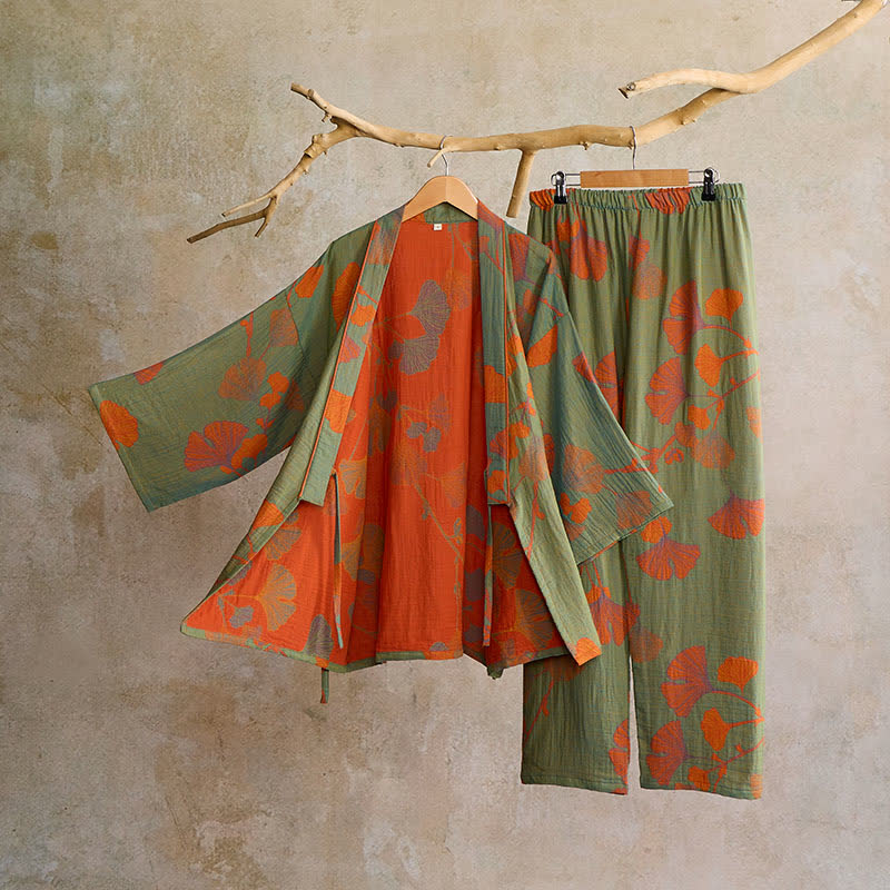 Kimono Morgenmantel Set mit Hose – großes Ginkgo-Muster aus Baumwolle - Lounge- und Nachtwäsche