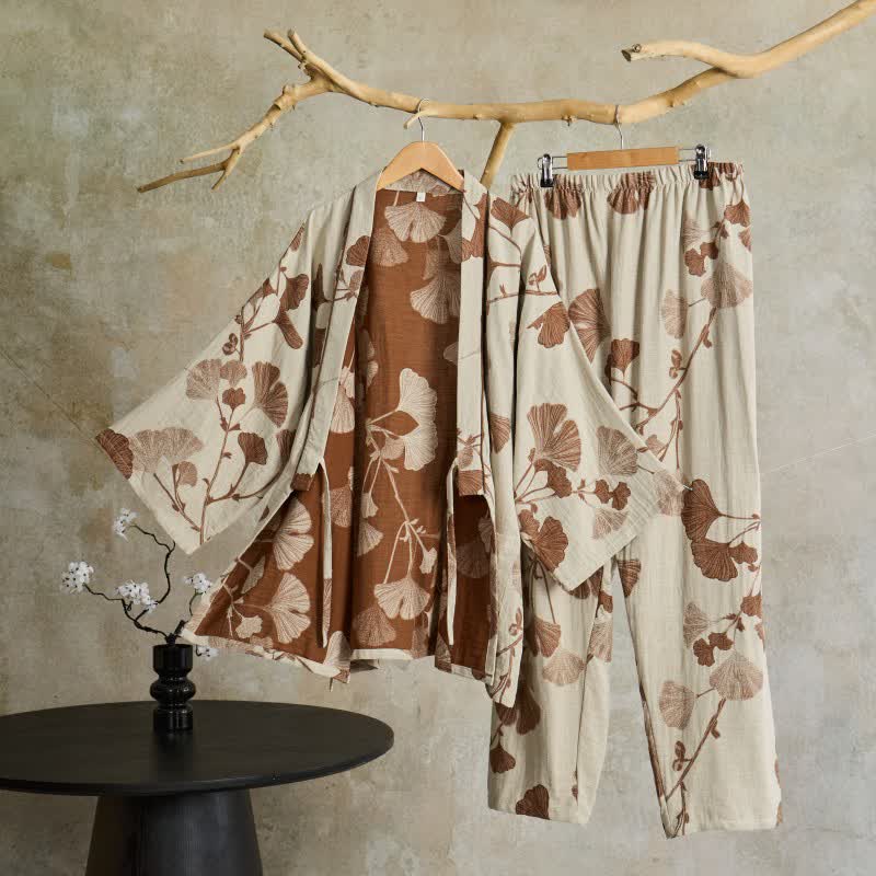 Kimono Morgenmantel Set mit Hose – großes Ginkgo-Muster aus Baumwolle - Beige / M - Lounge- und Nachtwäsche