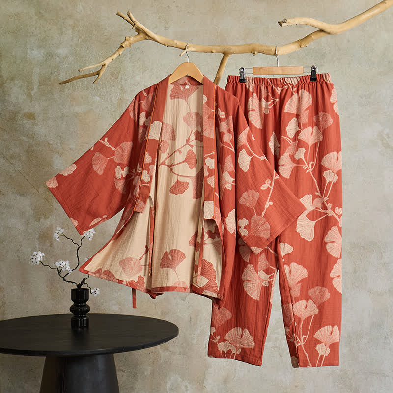 Kimono Morgenmantel Set mit Hose – großes Ginkgo-Muster aus Baumwolle - Lounge- und Nachtwäsche