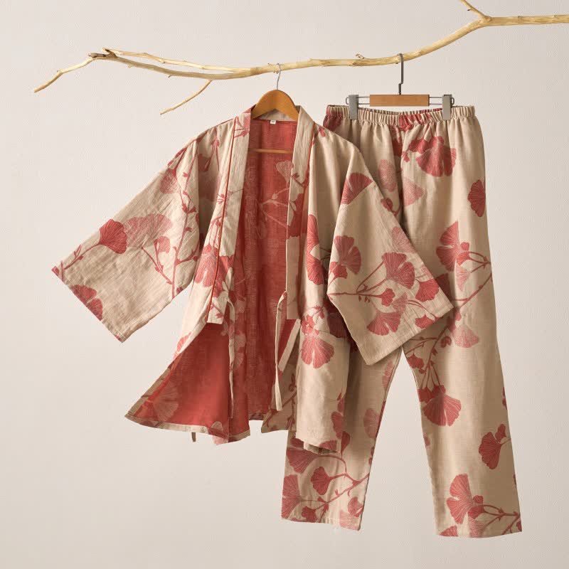 Kimono Morgenmantel Set mit Hose – großes Ginkgo-Muster aus Baumwolle - Beige/Rosa / M - Lounge- und Nachtwäsche