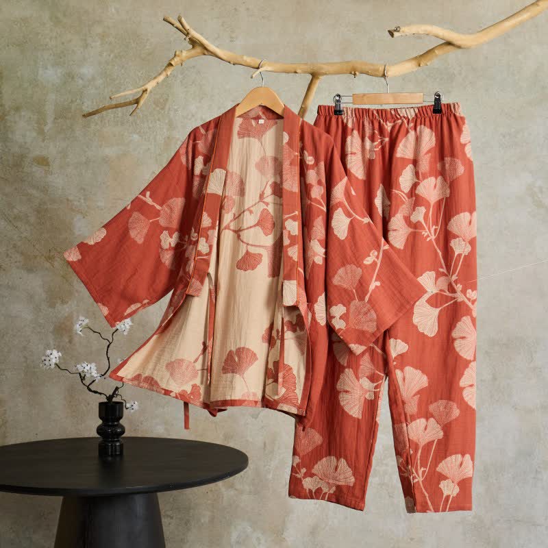 Kimono Morgenmantel Set mit Hose – großes Ginkgo-Muster aus Baumwolle - Rosa / M - Lounge- und Nachtwäsche