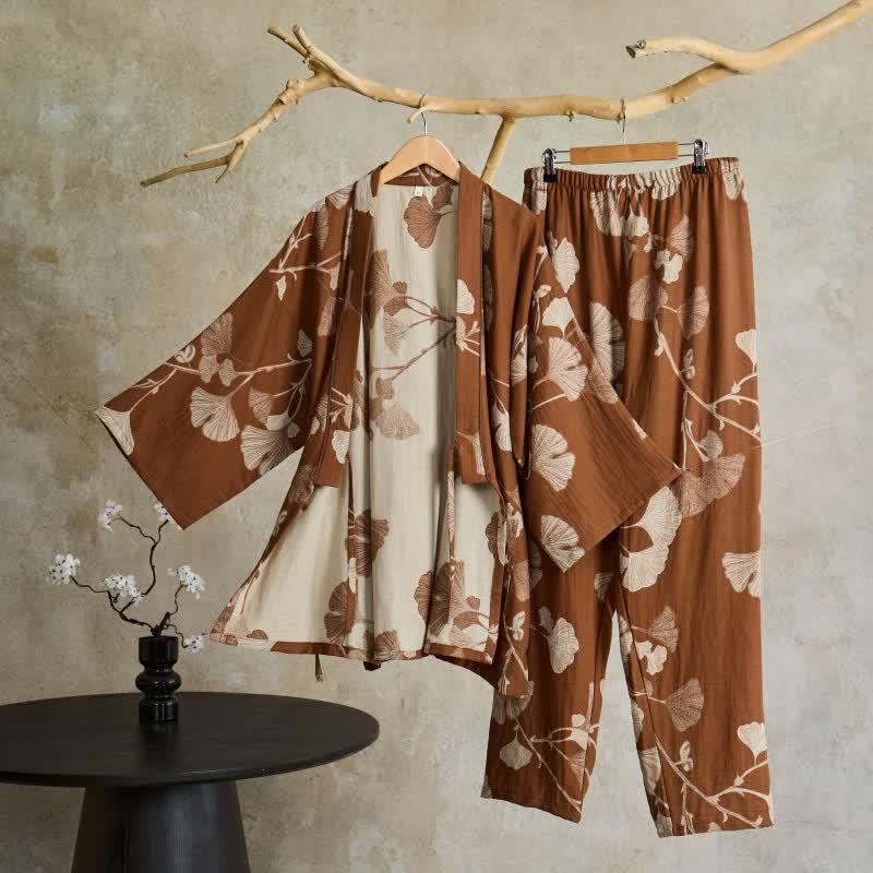 Kimono Morgenmantel Set mit Hose – großes Ginkgo-Muster aus Baumwolle - Braun / M - Lounge- und Nachtwäsche