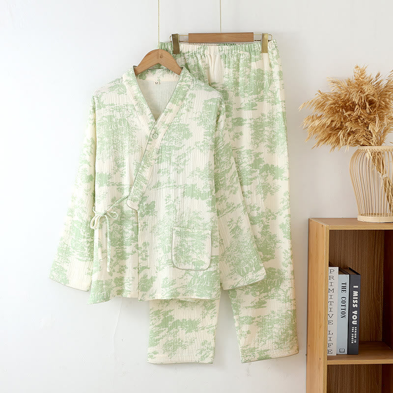 Kimono Pyjama Set aus Baumwolle – leichtes atmungsaktives Loungewear für Damen - Grün / M - Loungewear