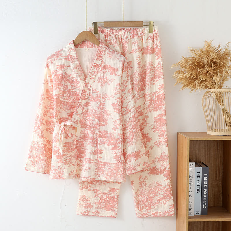 Kimono Pyjama Set aus Baumwolle – leichtes atmungsaktives Loungewear für Damen - Korallenrosa / M - Loungewear