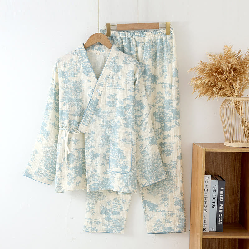 Kimono Pyjama Set aus Baumwolle – leichtes atmungsaktives Loungewear für Damen - Hellblau / M - Loungewear