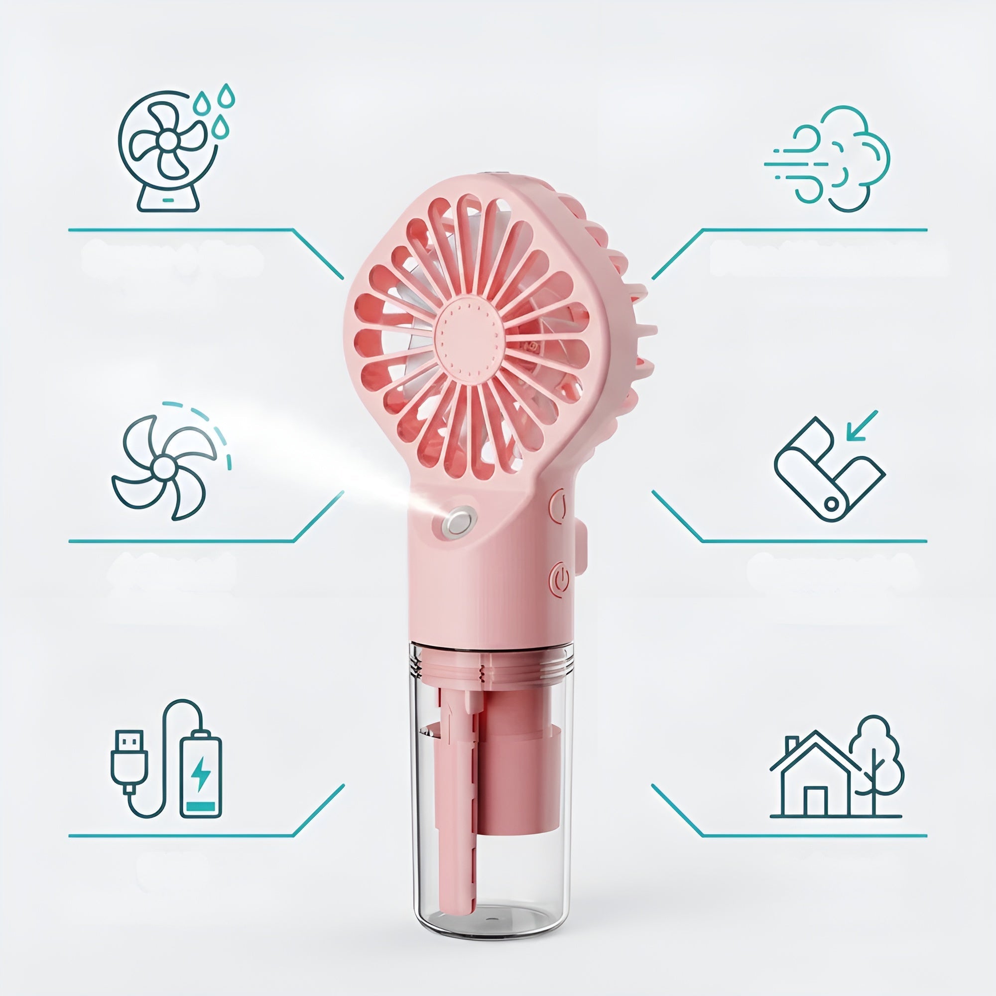Kompakter Handventilator mit Sprühfunktion – USB-aufladbarer Mini-Ventilator mit Wassertank und 4