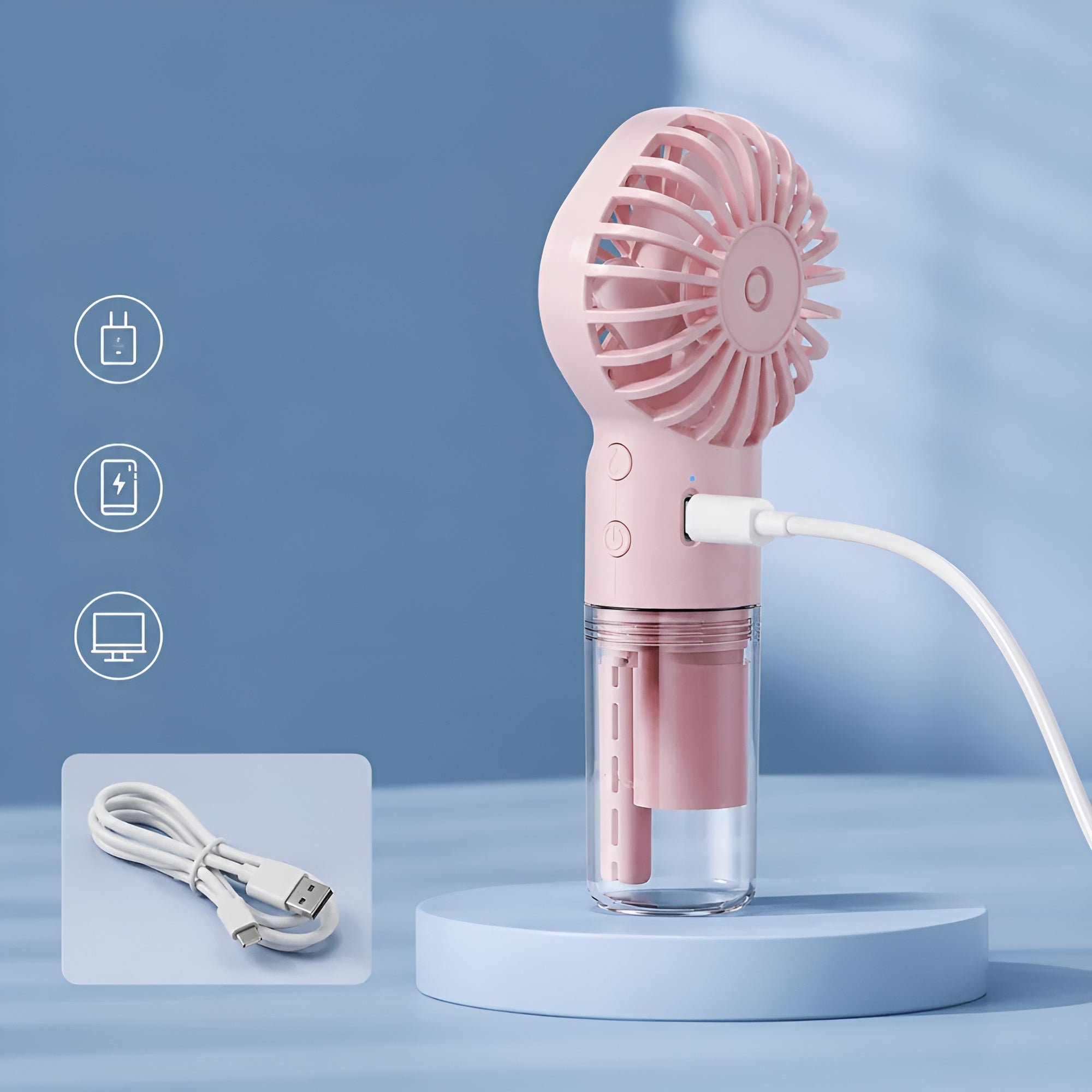 Kompakter Handventilator mit Sprühfunktion – USB-aufladbarer Mini-Ventilator mit Wassertank und 4