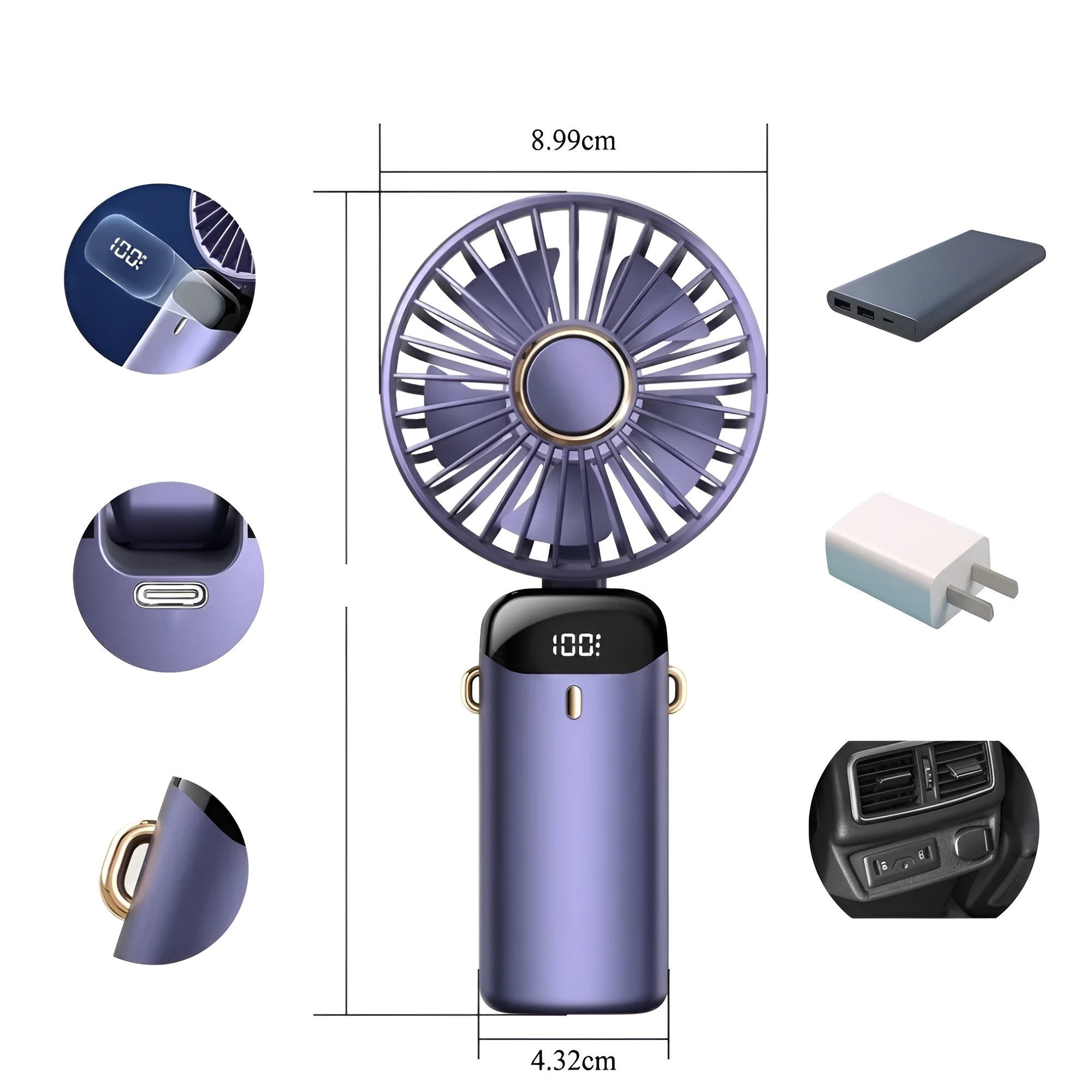 Kompakter Usb Handventilator – Tragbarer Mini-ventilator MIT Led-anzeige 5 Geschwindigkeitsstufen Und Klappbarem Design