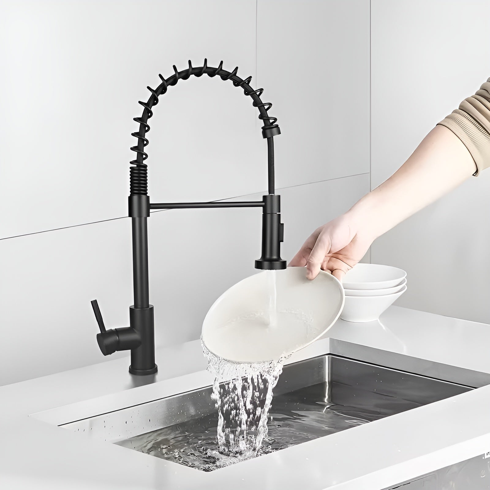 Küchenarmatur mit Brause – Hochdruck Wasserhahn mit Ausziehfunktion | 360° schwenkbar Edelstahl in Schwarz oder Weiß