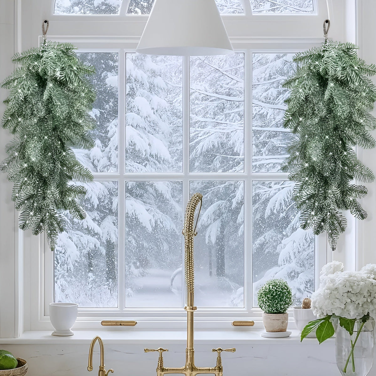 Künstliche Weihnachtsgirlande – Mit Schneeperlen und Frost-Effekt | Dekorative Hängedeko für Tür Kamin &