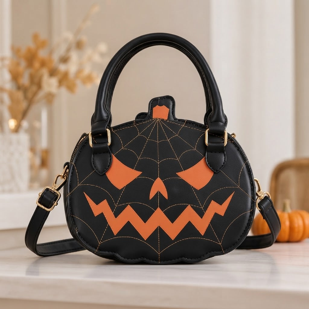 Kürbis-Handtasche aus Veganleder – Halloween-Accessoire - Schwarz-Orange - Handtaschen