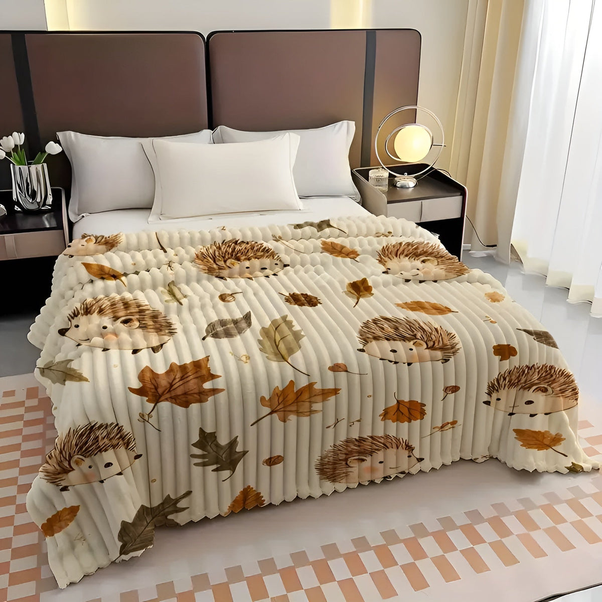Kuscheldecke mit Igel- & Herbstblätter-Motiv – Weich Warm & Ganzjährig Nutzbar | Perfekt für Sofa Bett & Reisen - Decke
