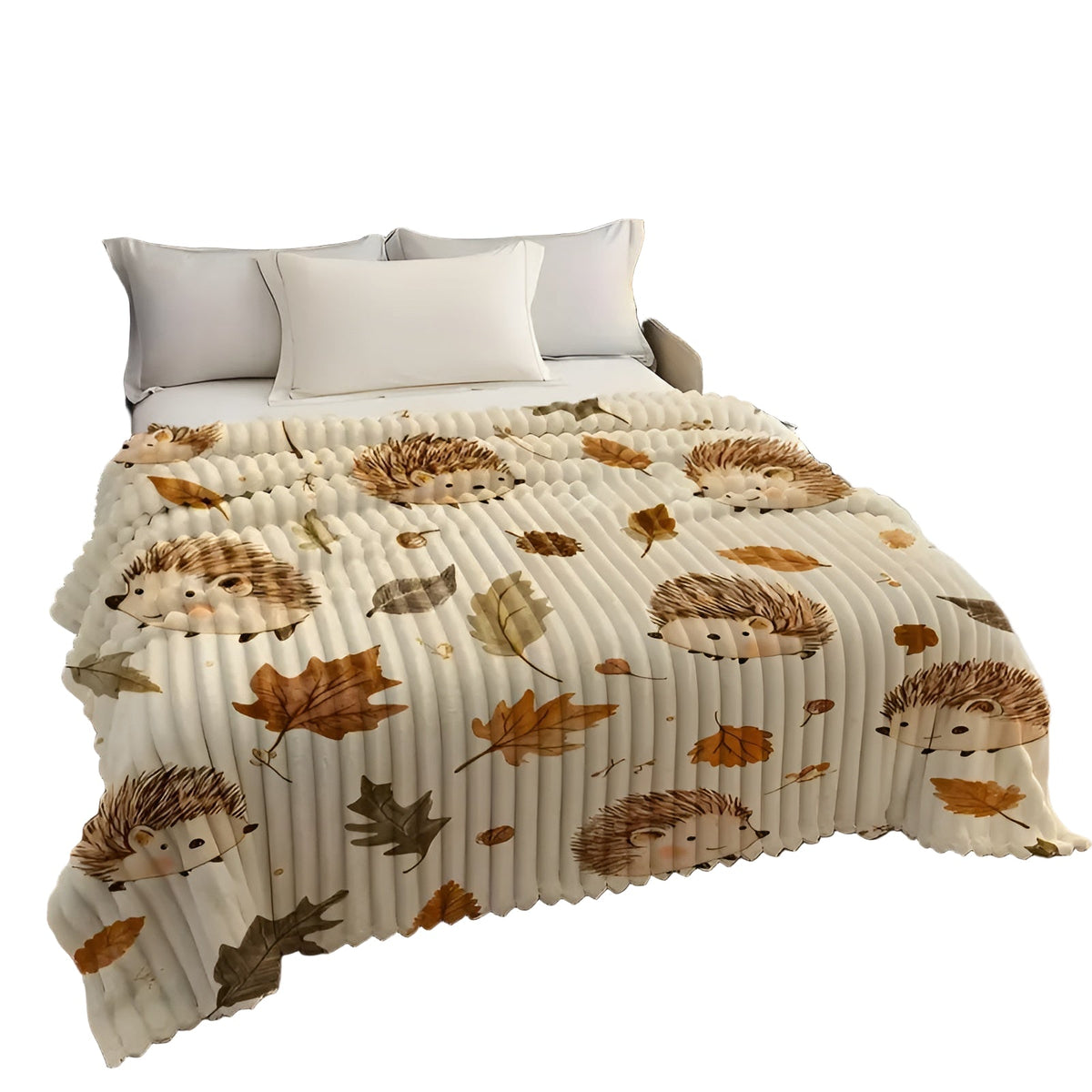 Kuscheldecke mit Igel- & Herbstblätter-Motiv – Weich Warm & Ganzjährig Nutzbar | Perfekt für Sofa Bett & Reisen - Decke