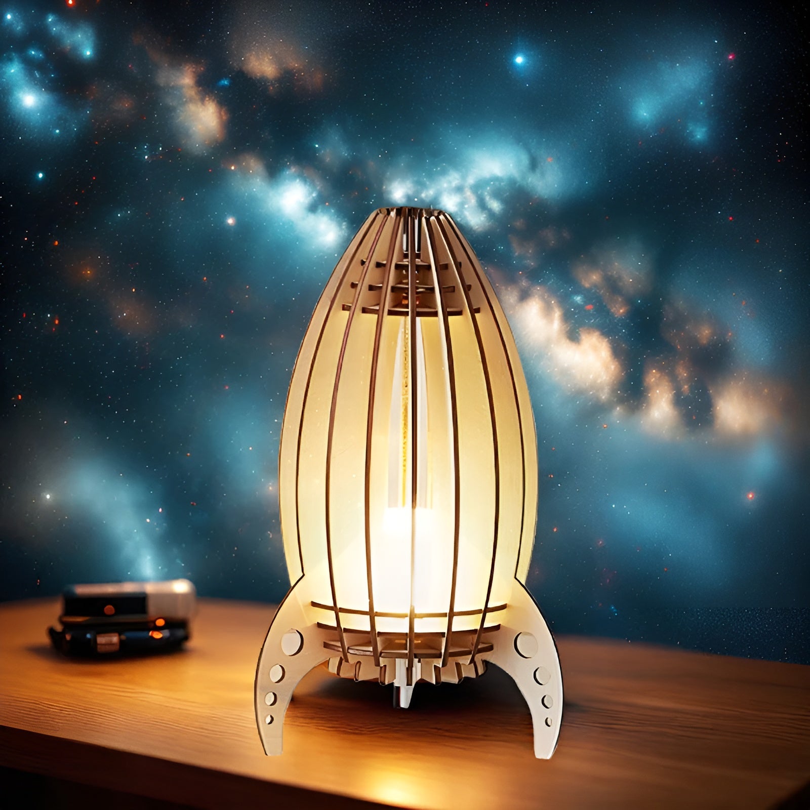 Holz-Nachttischlampe im Raketen-Design – Warmes Licht für ein gemütliches Schlafzimmer