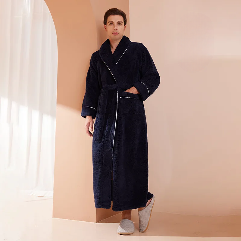 Langer Bademantel mit Gürtel und Taschen – Unisex - Dunkelblau Herren / S - Nacht- und Bademäntel