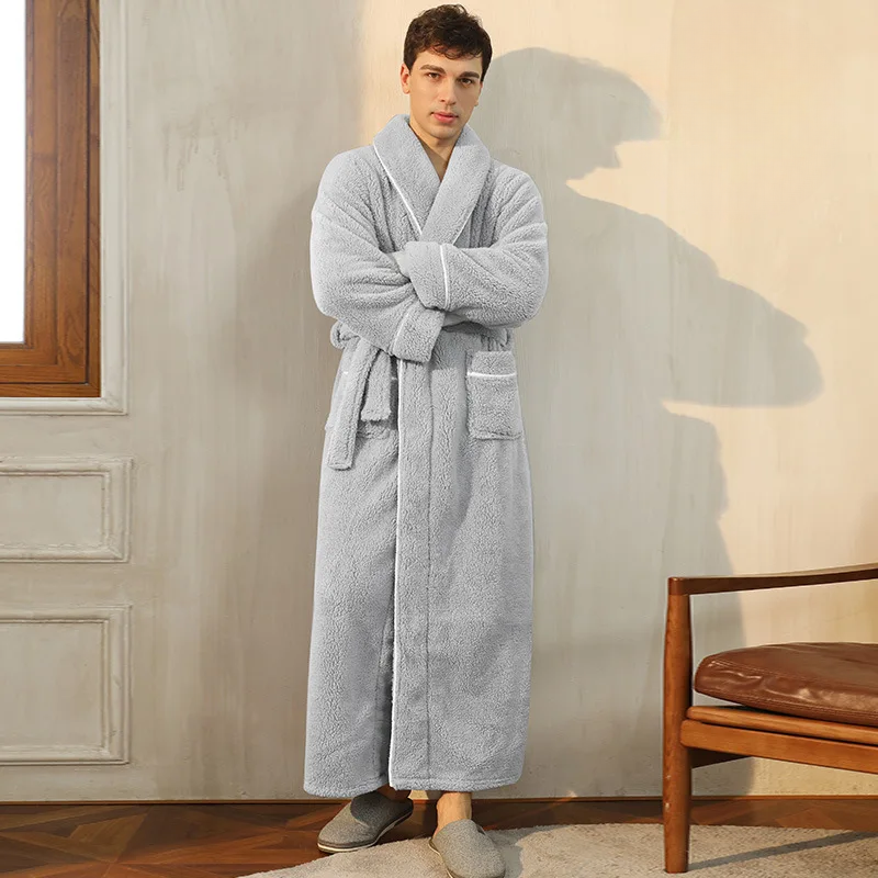 Langer Bademantel mit Gürtel und Taschen – Unisex - Hellgrau Herren / S - Nacht- und Bademäntel