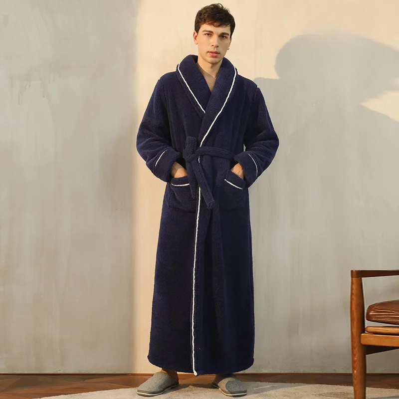 Langer Bademantel mit Gürtel und Taschen – Unisex - Marineblau Herren / S - Nacht- und Bademäntel