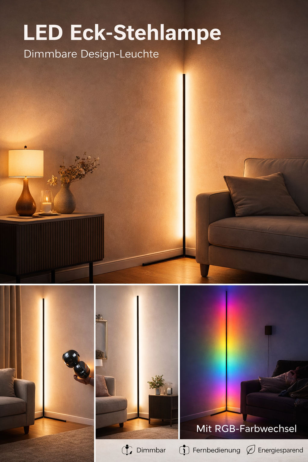 LED Eck-Stehlampe – Dimmbar mit Fernbedienung | Modernes Design & indirektes Licht - Stehlampe