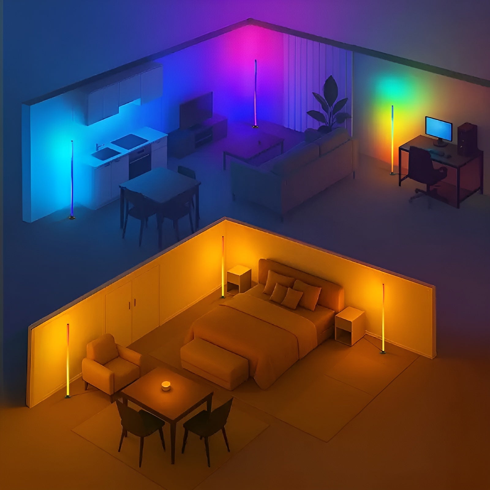 LED-Stehleuchte mit RGBICB-Farbwechsel – Moderne Aluminiumleuchte mit App & Fernbedienung | Dimmbare