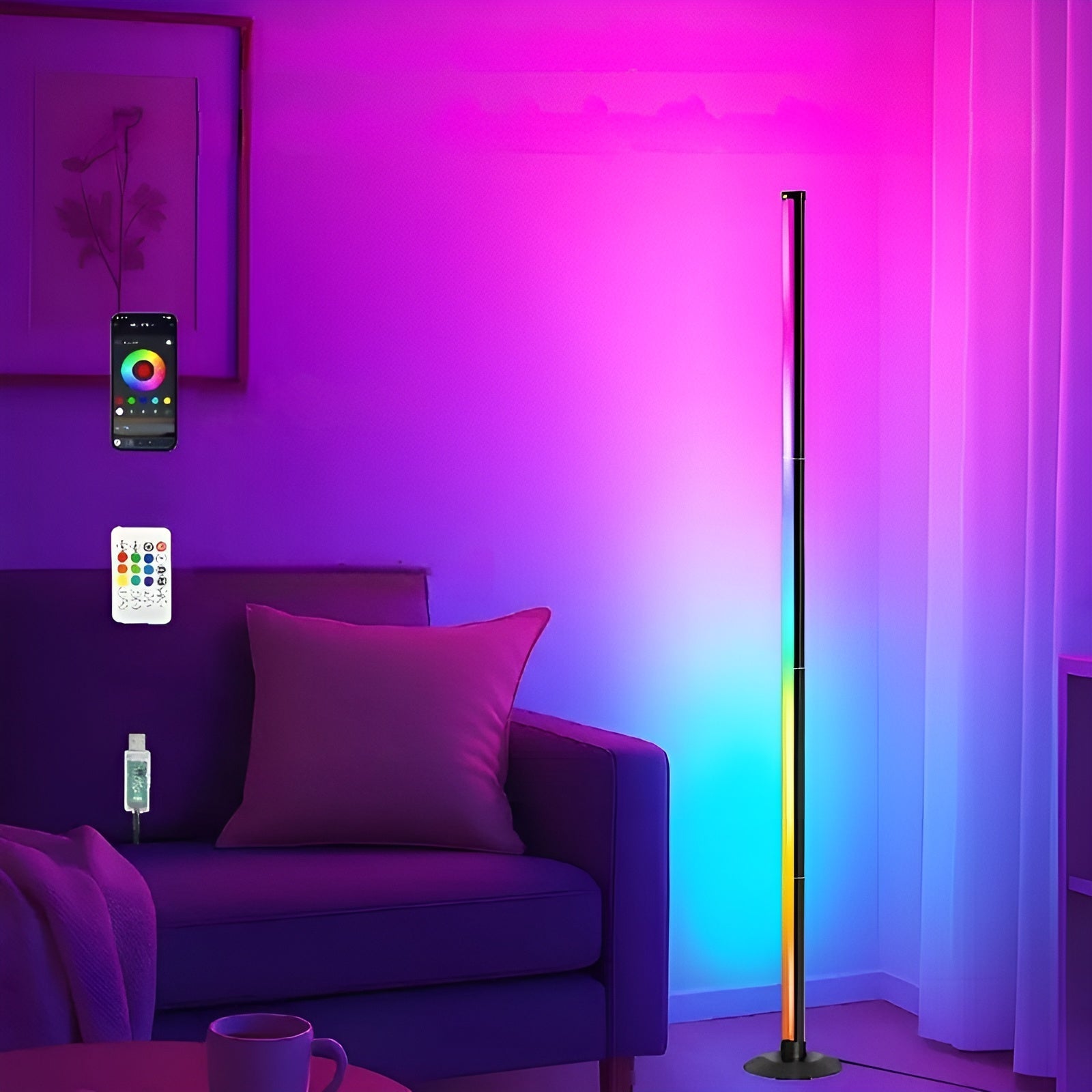LED-Stehleuchte mit RGBICB-Farbwechsel – Moderne Aluminiumleuchte mit App & Fernbedienung | Dimmbare