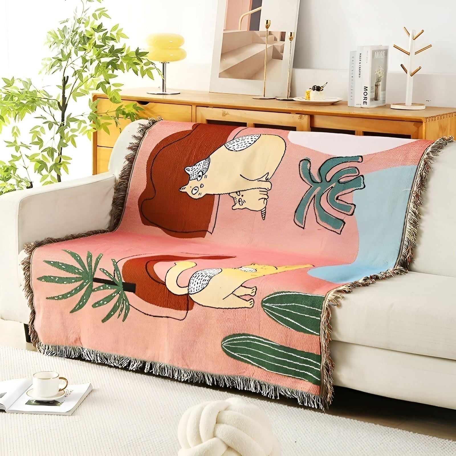LeopardLuxe Blanket - Multifunktionale Leopard-Wurfdecke mit Cobertor-Tasseln - Rosa Katze / 130x160cm - Decke