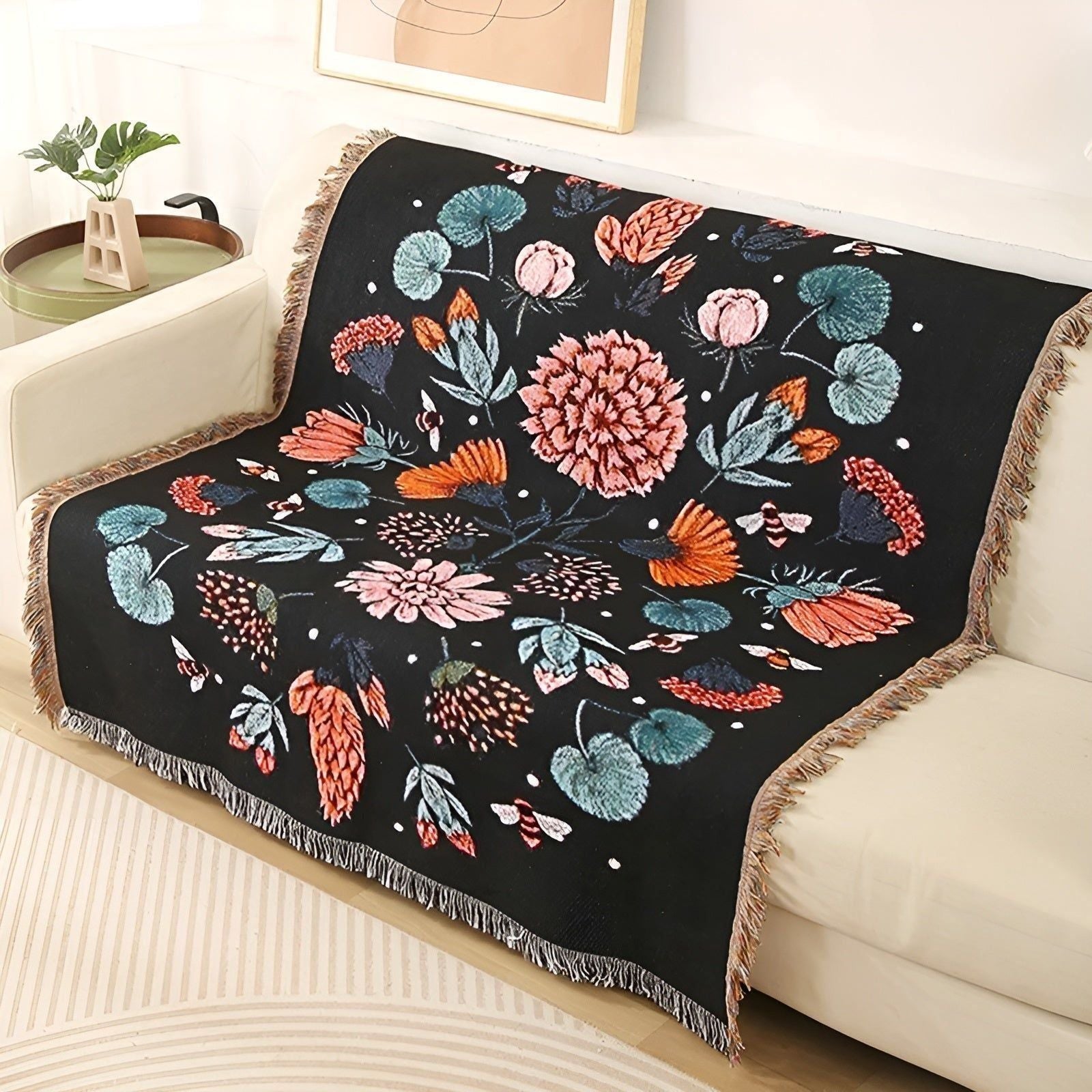LeopardLuxe Blanket - Multifunktionale Leopard-Wurfdecke mit Cobertor-Tasseln - Floral Schwarz / 130x160cm - Decke