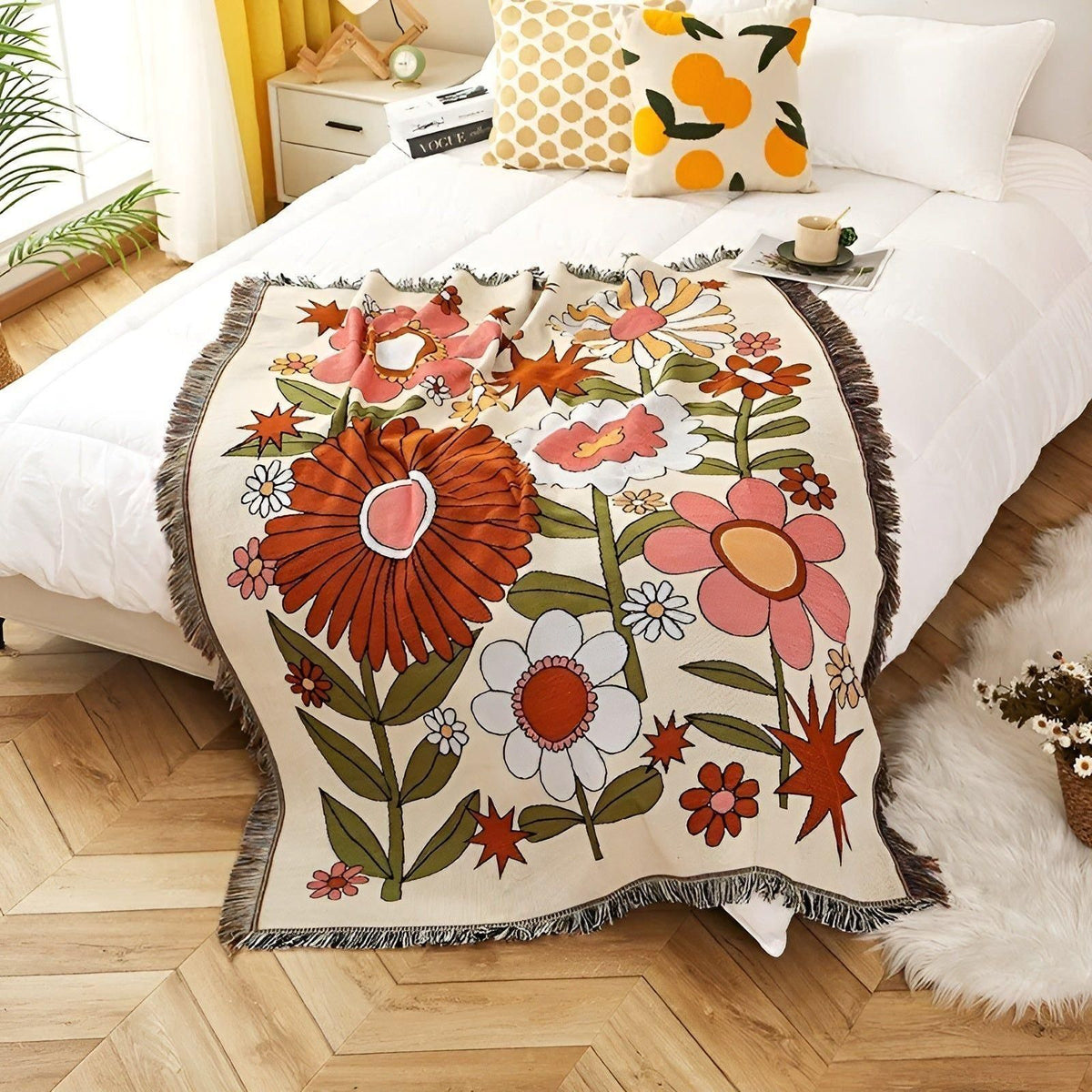 LeopardLuxe Blanket - Multifunktionale Leopard-Wurfdecke mit Cobertor-Tasseln - Gänseblümchen / 130x160cm - Decke