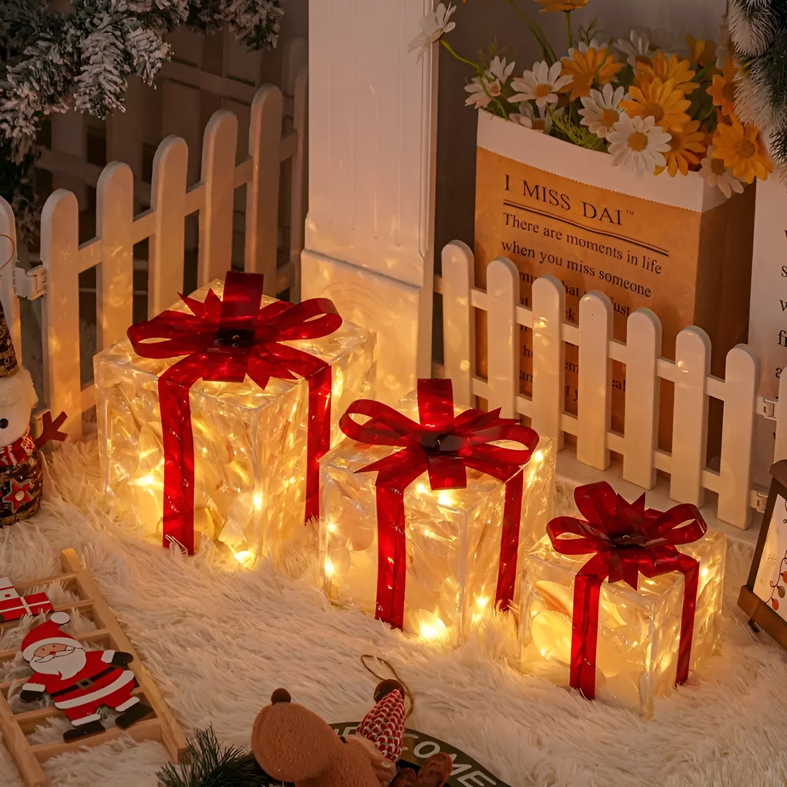 Leuchtende Geschenkboxen im 3er-Set – Transparente Weihnachtsdekoration mit Roten Schleifen | Für Innen & Außen - Lampe