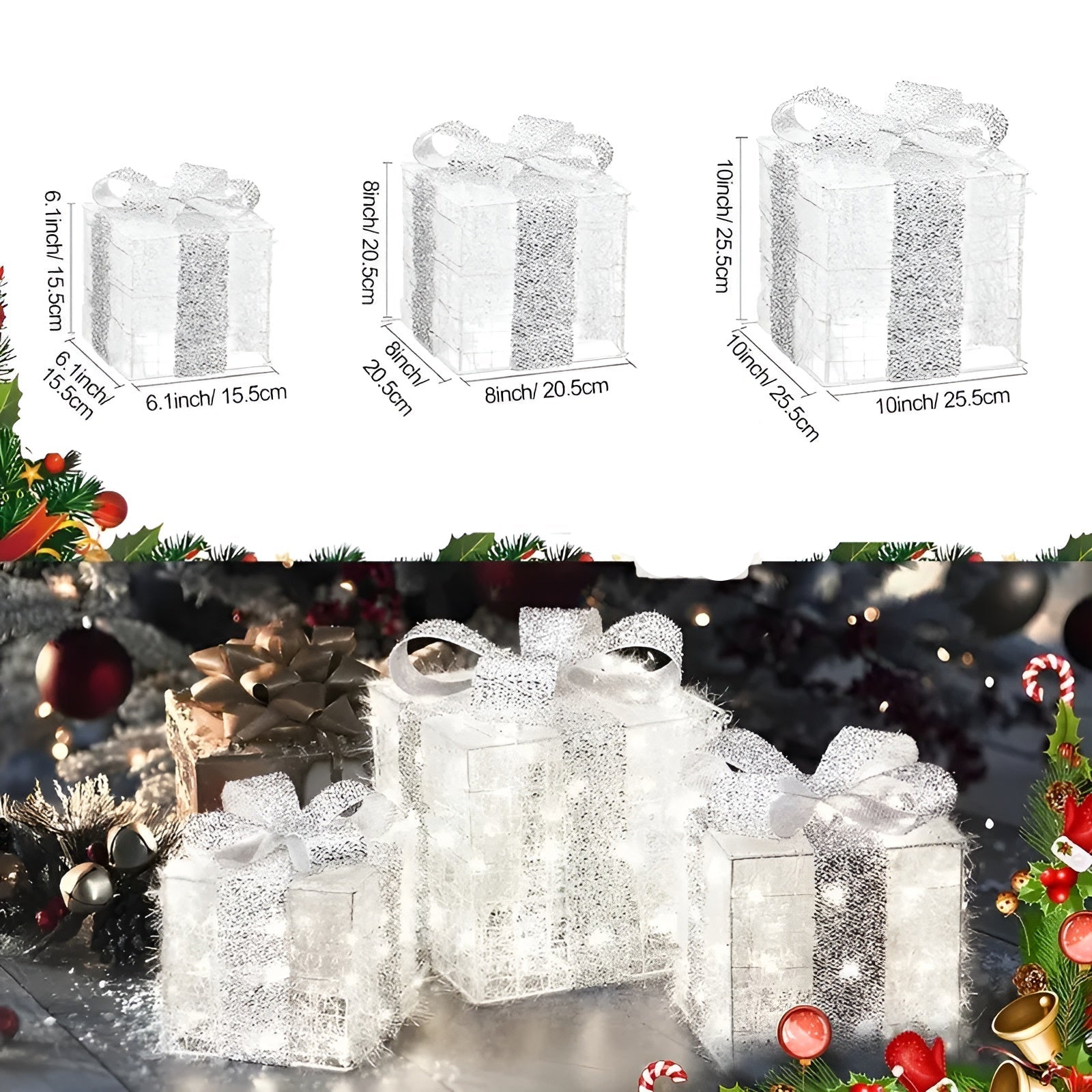 Leuchtende Weihnachtsgeschenkboxen – Set mit 3 Deko-Boxen | Mit warmweißen & bunten Lichtern für festliche Stimmung