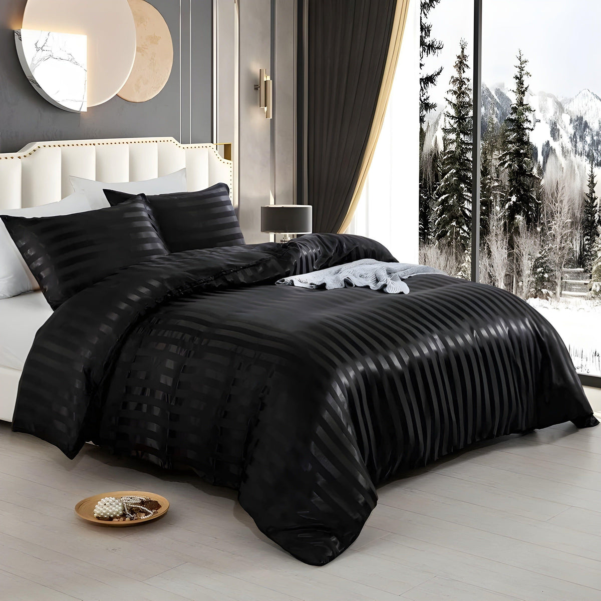 LuxSleep Bettwäscheset - 3-teiliges luxuriöses gestreiftes Bettwäscheset [Bettwäsche mit Reißverschluss