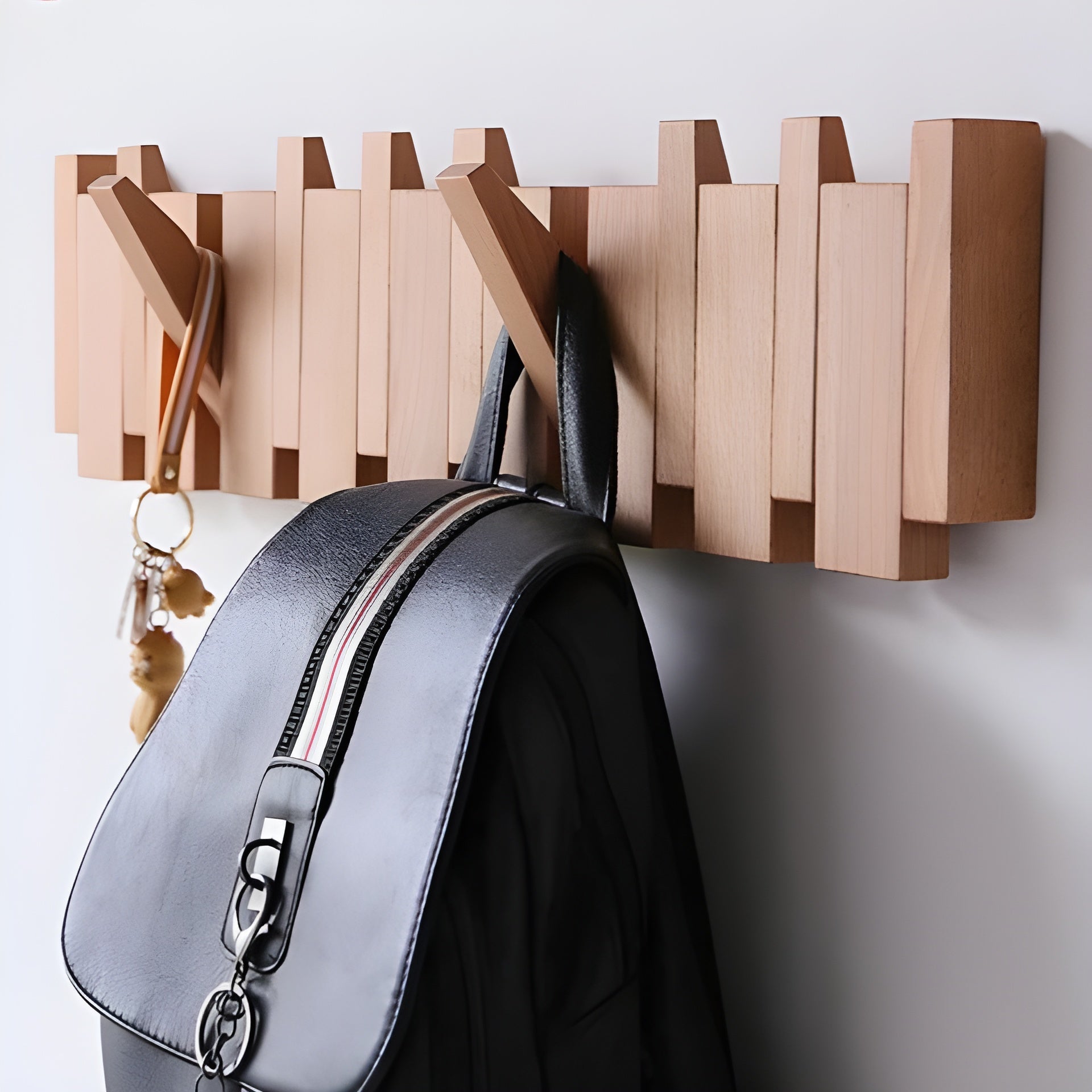 Luxuriöse Garderobe aus Holz im Klavierdesign – Handgefertigte Garderobe zur Wandmontage - Buchenholz / 4 Haken