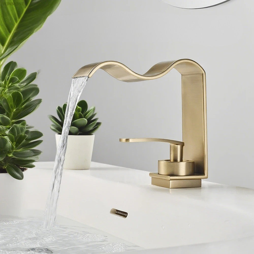 Luxuriöse Waschtischarmatur – Elegantes Wasserfall-Design | Hochwertige Badarmatur aus gebürstetem Messing