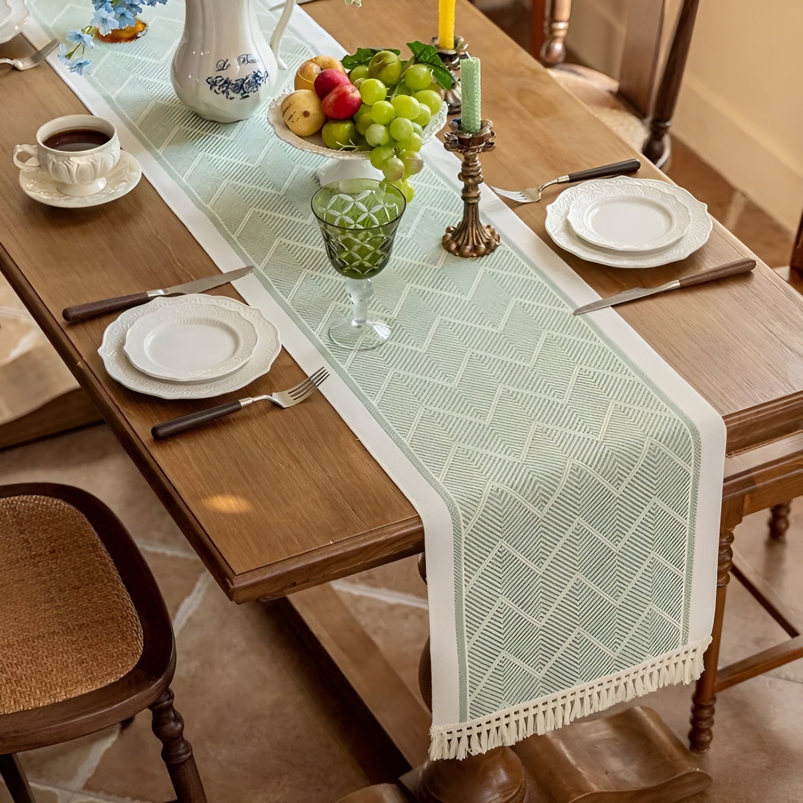 Luxuriöser Gewebter Tischläufer – Stilvolle Struktur Für Ein Gemütliches Interieur - Salbeigrün / 36 x 119cm