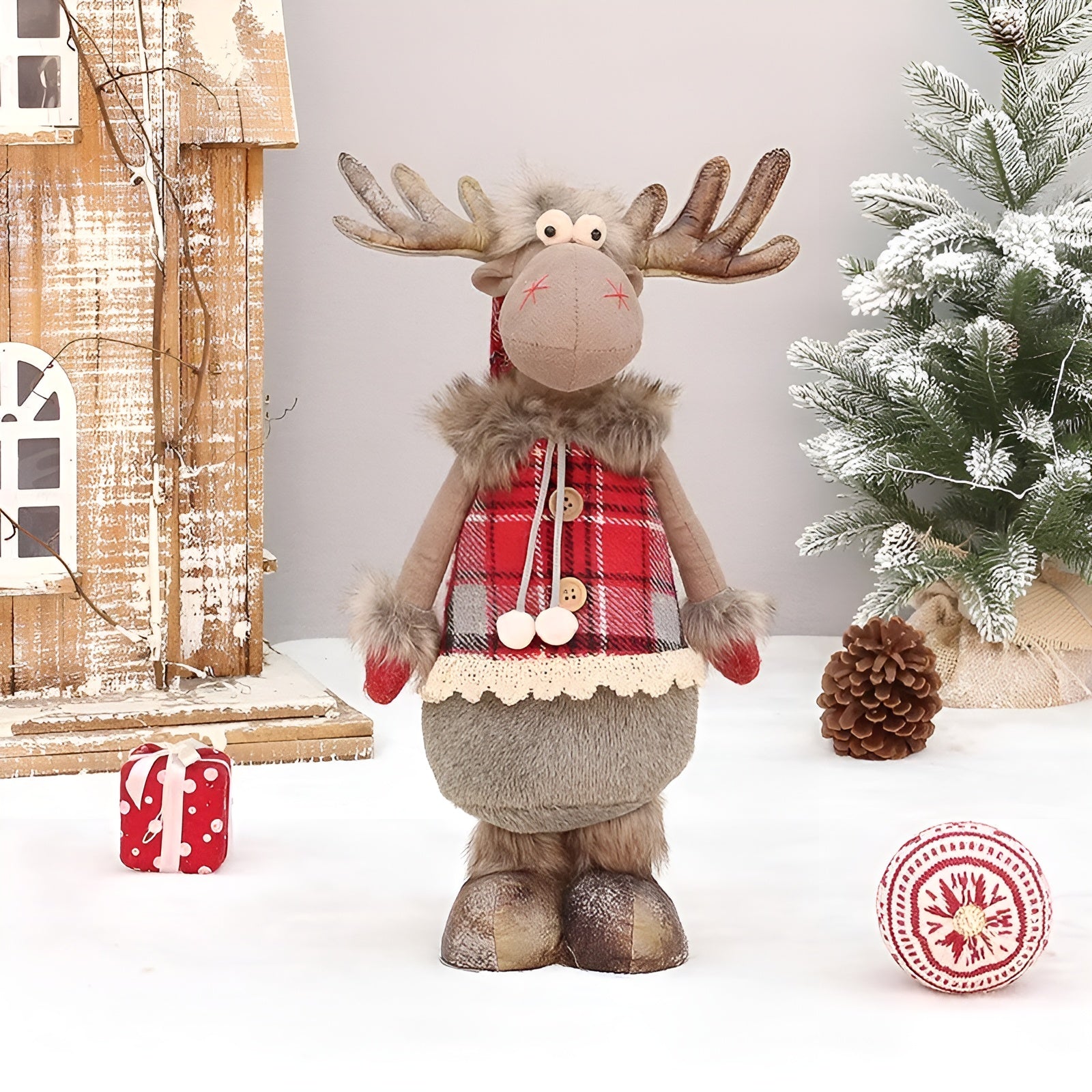 Weihnachtselch Dekofigur – Niedlicher Rentier aus Stoff | Verstellbar zum Stehen oder Sitzen