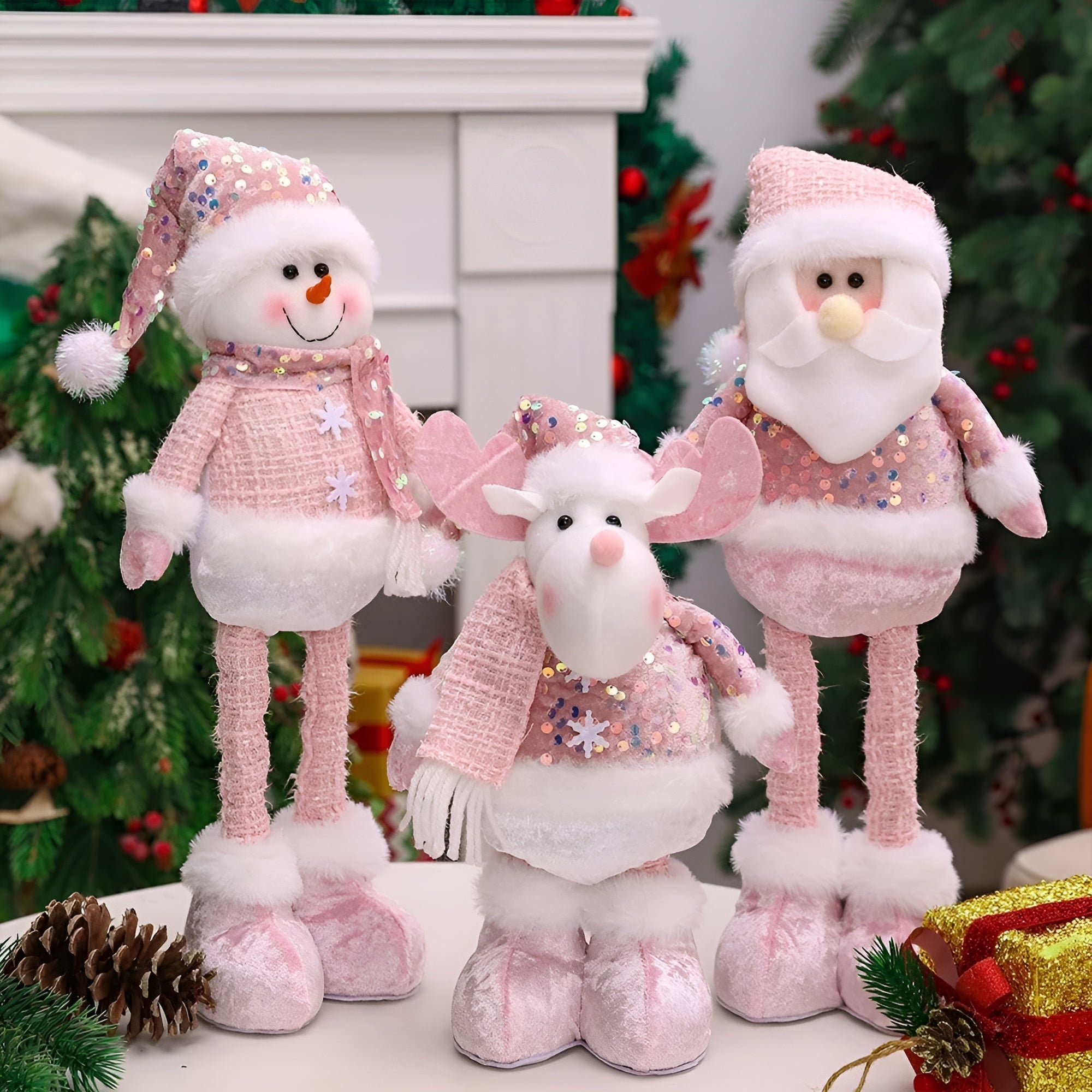 Teleskopischer Weihnachtsmann – Weihnachtsdekorationsfigur, Schneemann und Elch | Funkelnde rosa Pailletten für Fenster und Wohnungen
