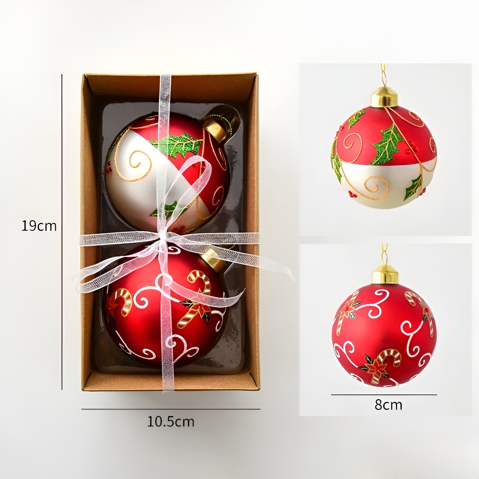 Glaskugeln für Weihnachtsbaum – Handbemalt & Luxuriös | 2er-Set Weihnachtsanhänger 8 cm