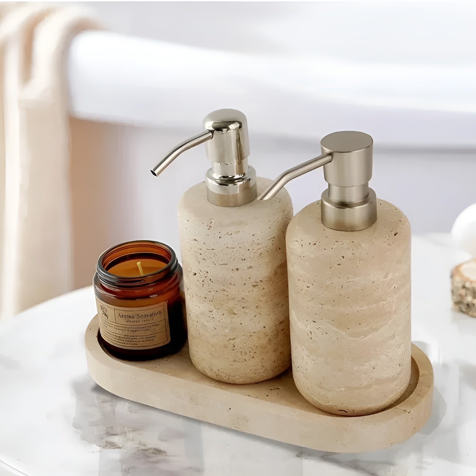 Zahnbürstenhalter aus Naturstein – mit Seifenspender und Ablage | Elegante Badaccessoires aus Marmor