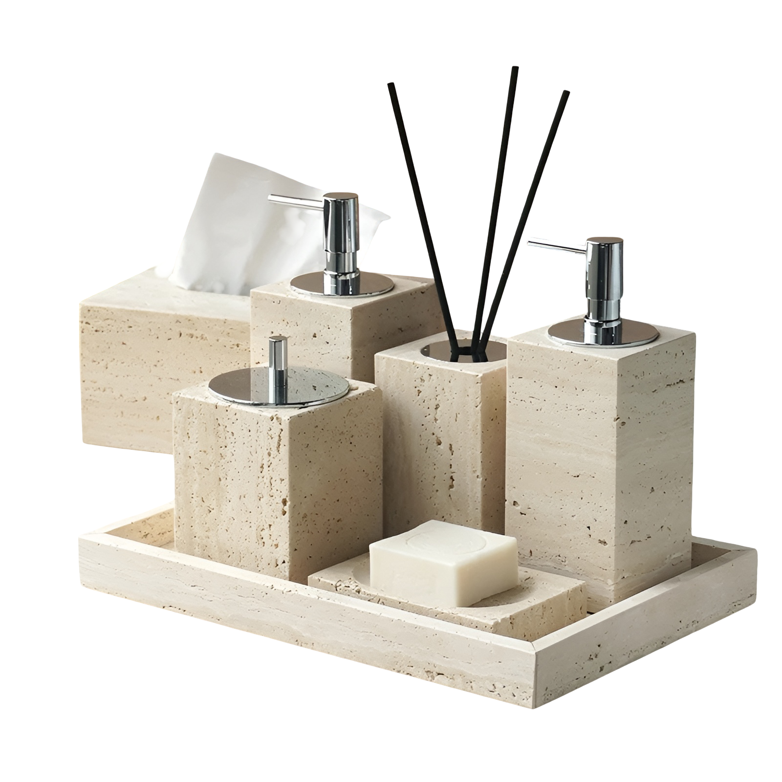 Badezimmer-Set aus Travertin – Edle Accessoires aus Naturstein | Seifenspender, Seifenschale, Diffusor & Ablage