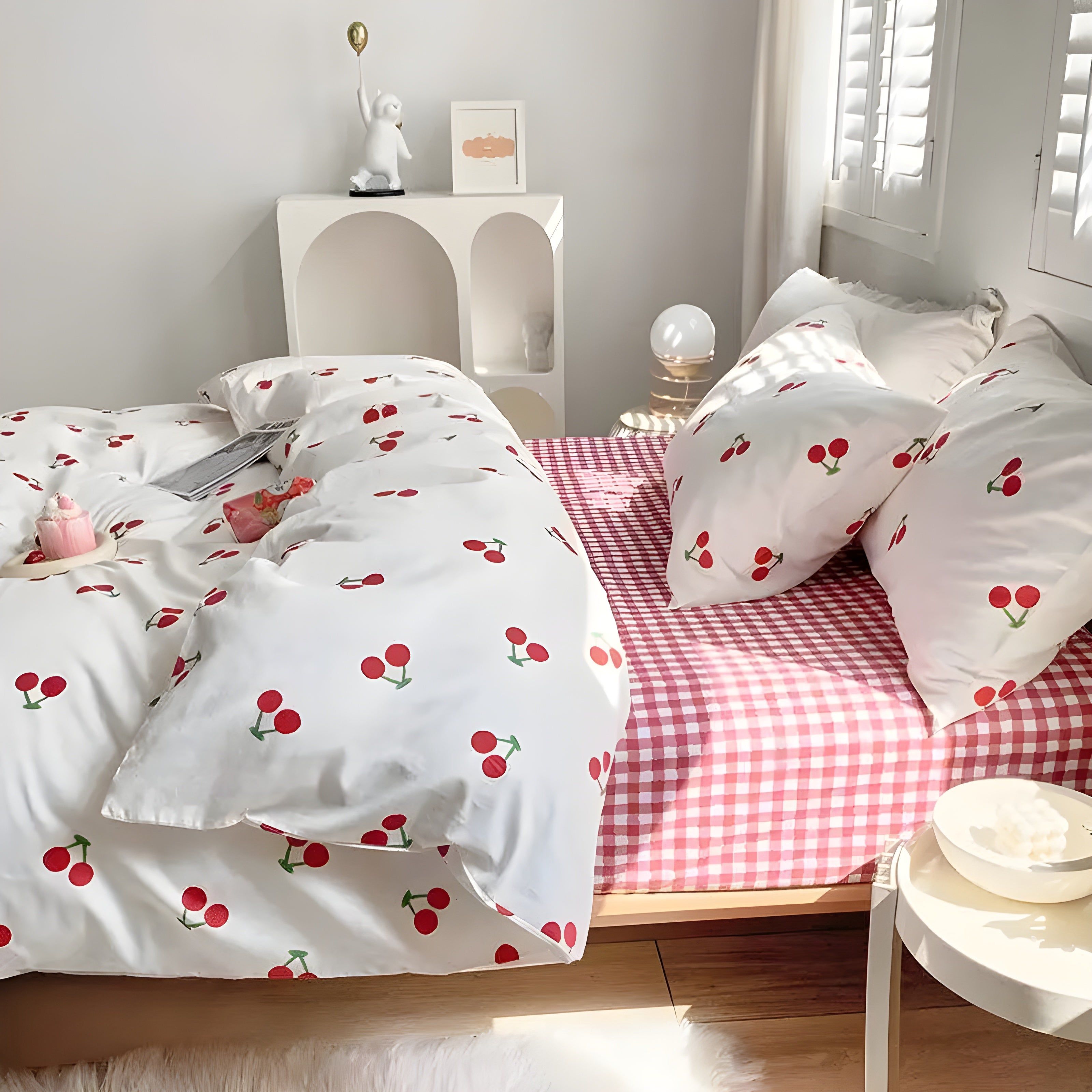 Red Cherry Chessboard Bedding Set For Girls Boys Double Size Flat Sheet Duvet Cover and Pillowcase Soft Bed Linen Home Textile