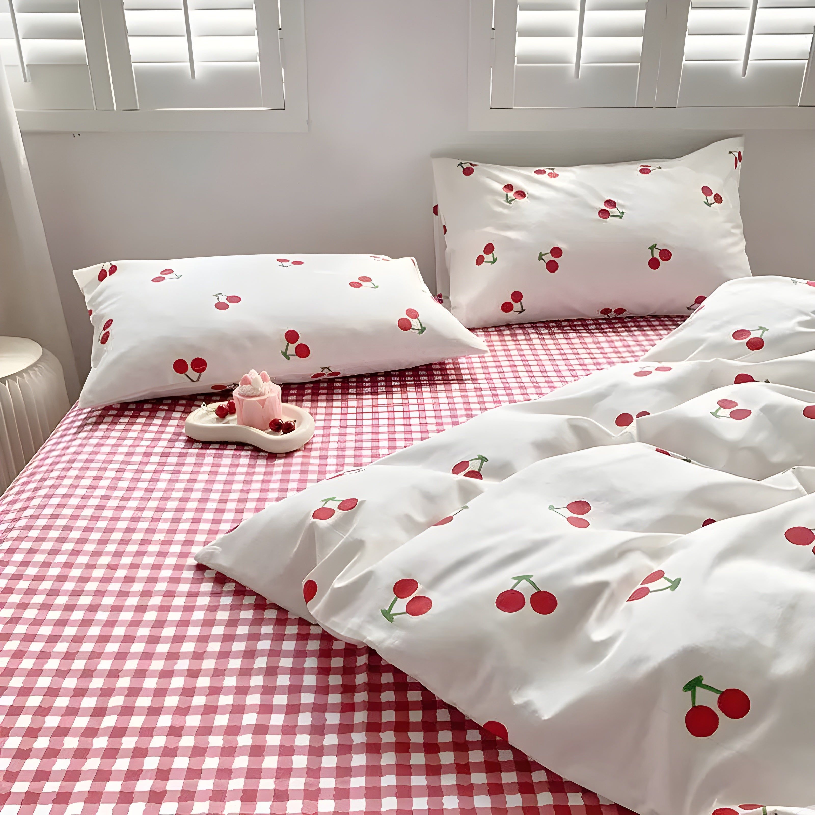 Red Cherry Chessboard Bedding Set For Girls Boys Double Size Flat Sheet Duvet Cover and Pillowcase Soft Bed Linen Home Textile