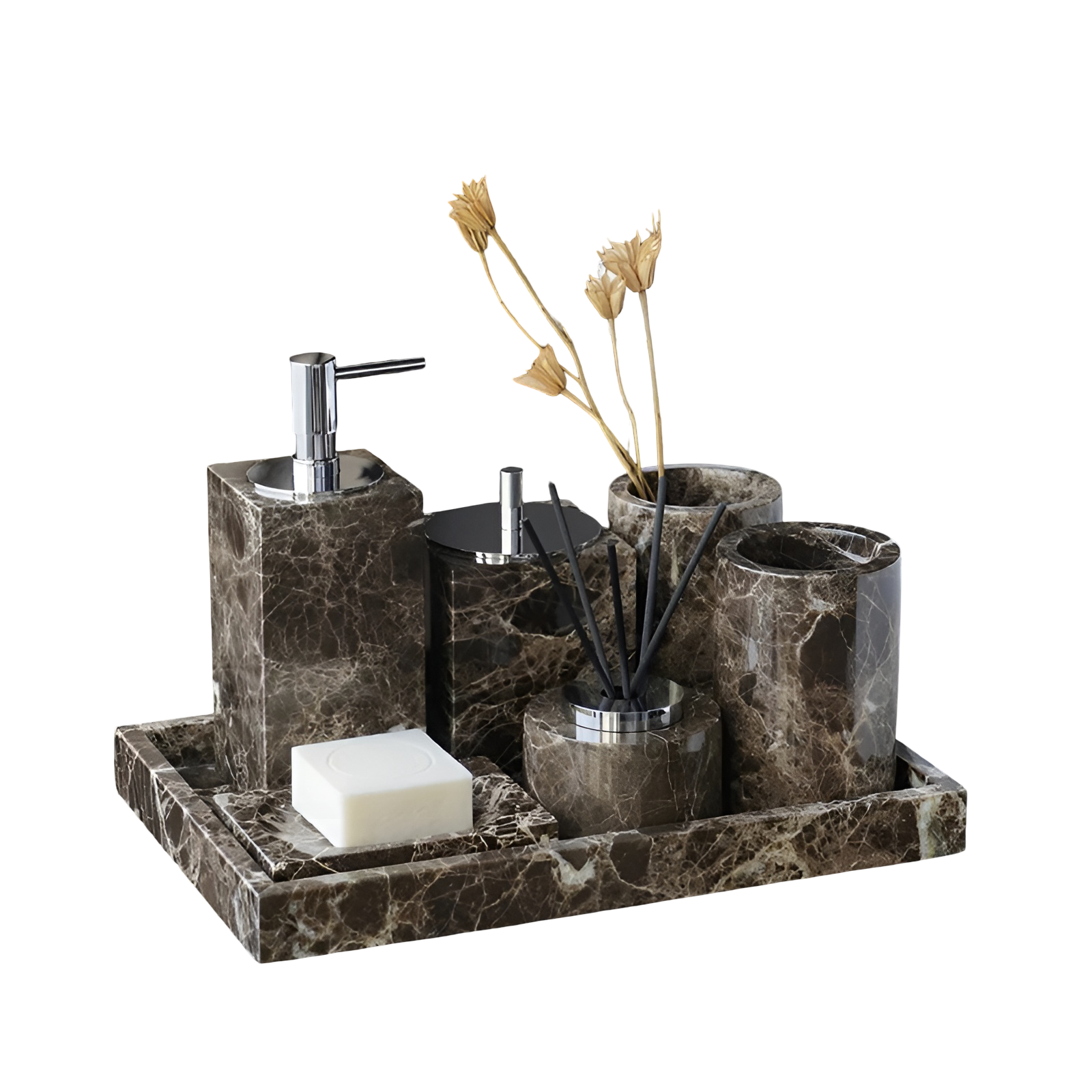 Badezimmer-Set aus Emperador Marmor – Luxuriöser Seifenspender, Seifenschale & Duftaccessoire | Elegante Bad-Accessoires