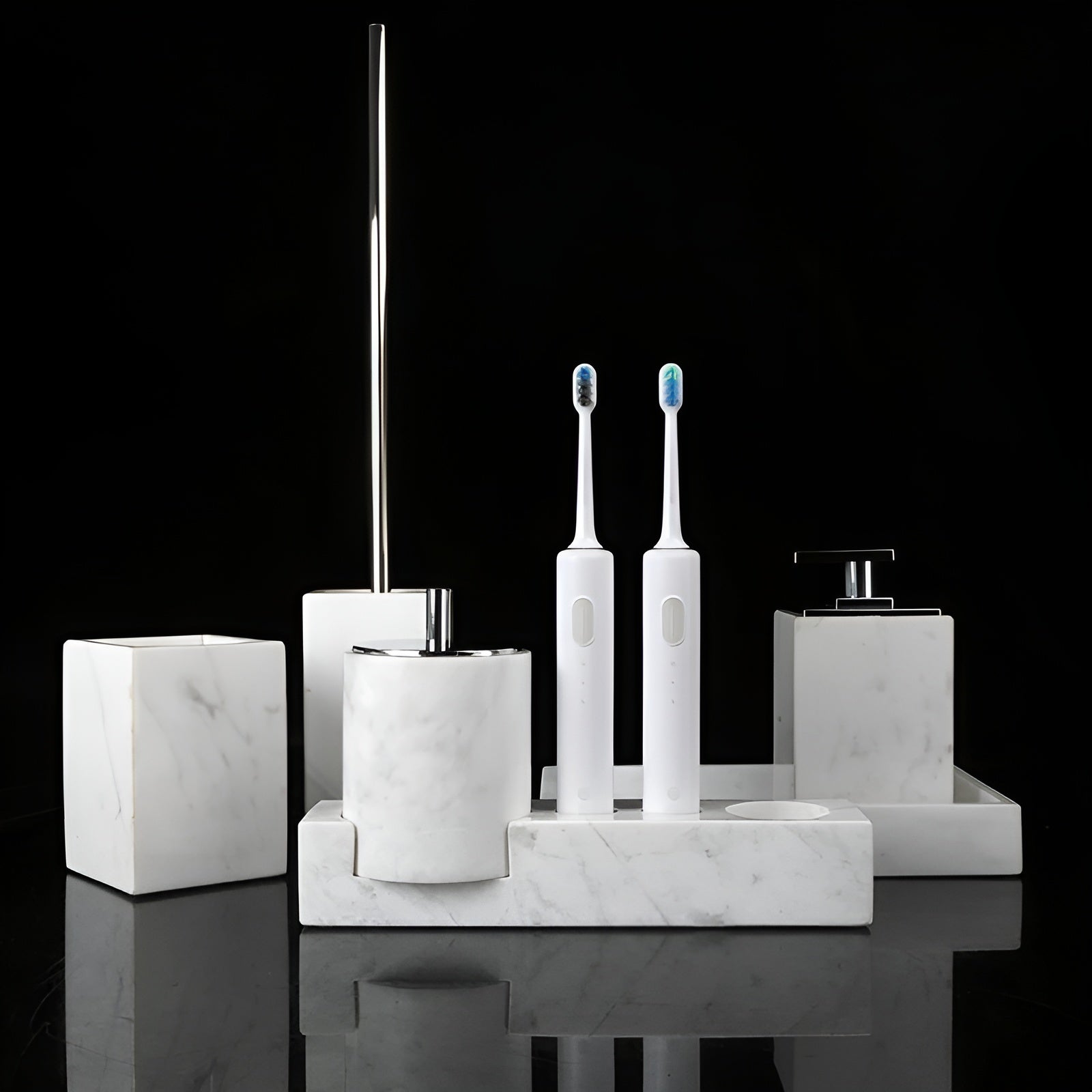 Badezimmer-Set aus Weißem Marmor – Seifenspender, Seifenschale, Toilettenbürste & Tablett | Elegante Bad-Accessoires