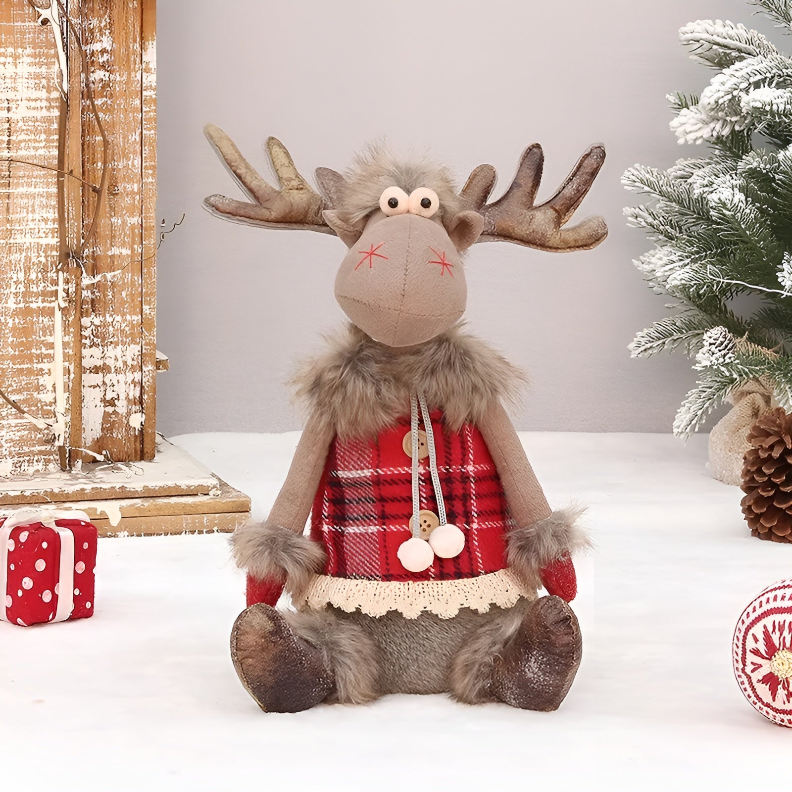 Weihnachtselch Dekofigur – Niedlicher Rentier aus Stoff | Verstellbar zum Stehen oder Sitzen