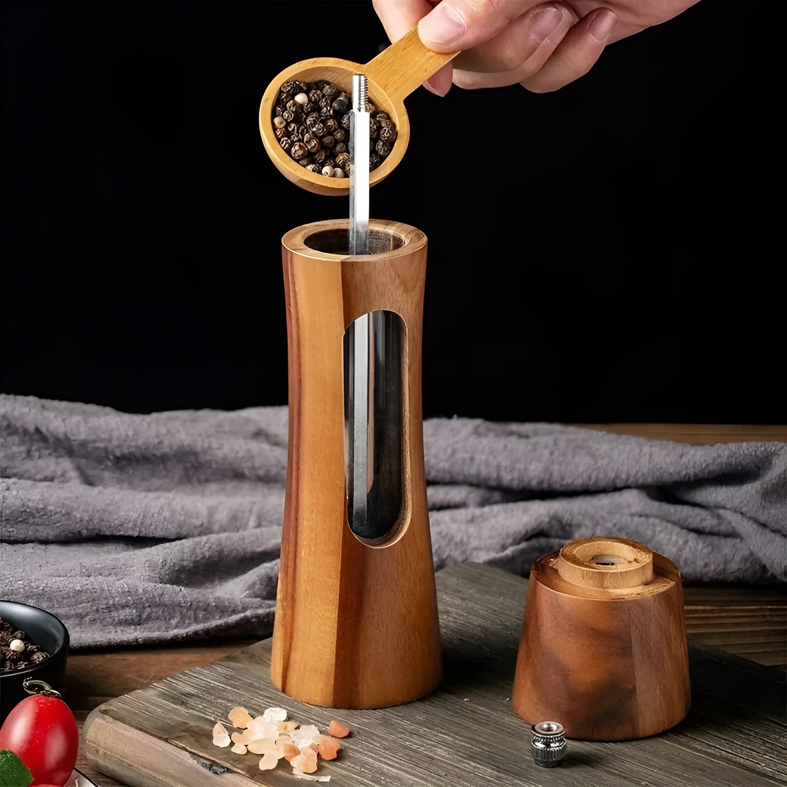 Manuelle Salz- und Pfeffermühlen – Holzdesign mit Acrylfenster | Set mit 2 Mühlen - Salz- & Pfeffermühle