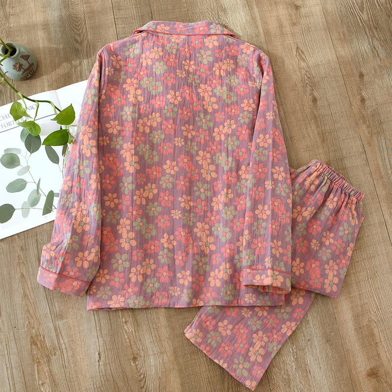 Musselin Schlafanzug Damen – Langarmliges Pyjama-Set aus Baumwolle - Loungewear