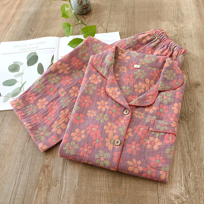 Musselin Schlafanzug Damen – Langarmliges Pyjama-Set aus Baumwolle - Loungewear